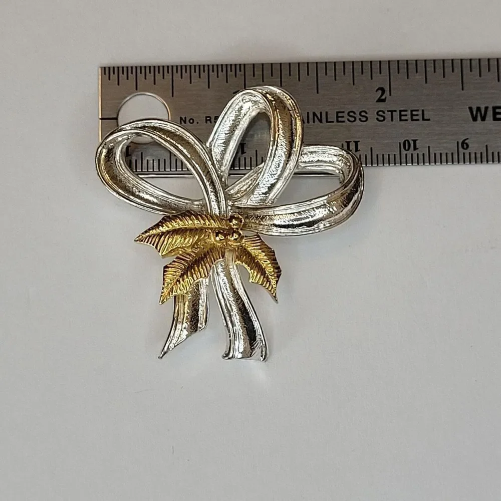 Holiday Christmas Ribbon Bow Silver-Tone with Gold-Tone Leaf Brooch Pin